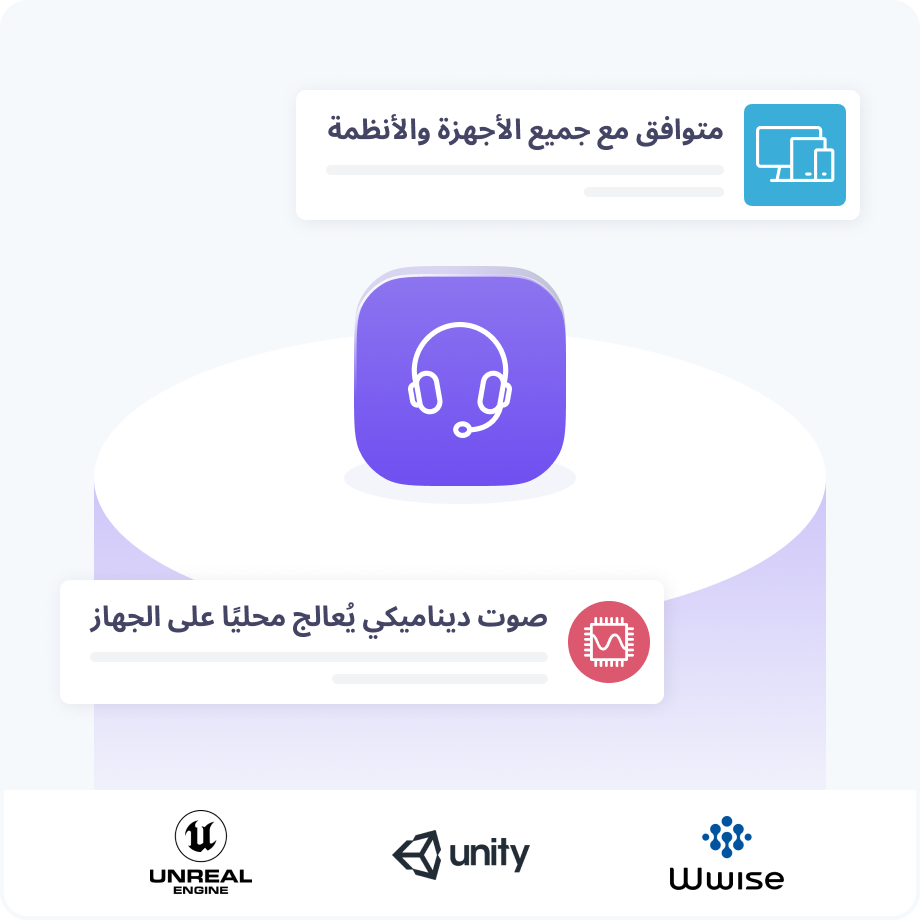 رسم توضيحي لحل صوتي محلي متعدد المنصات مُصمَّم لتطبيقات الألعاب، ومتوافق مع Unreal Engine وUnity وWwise.
