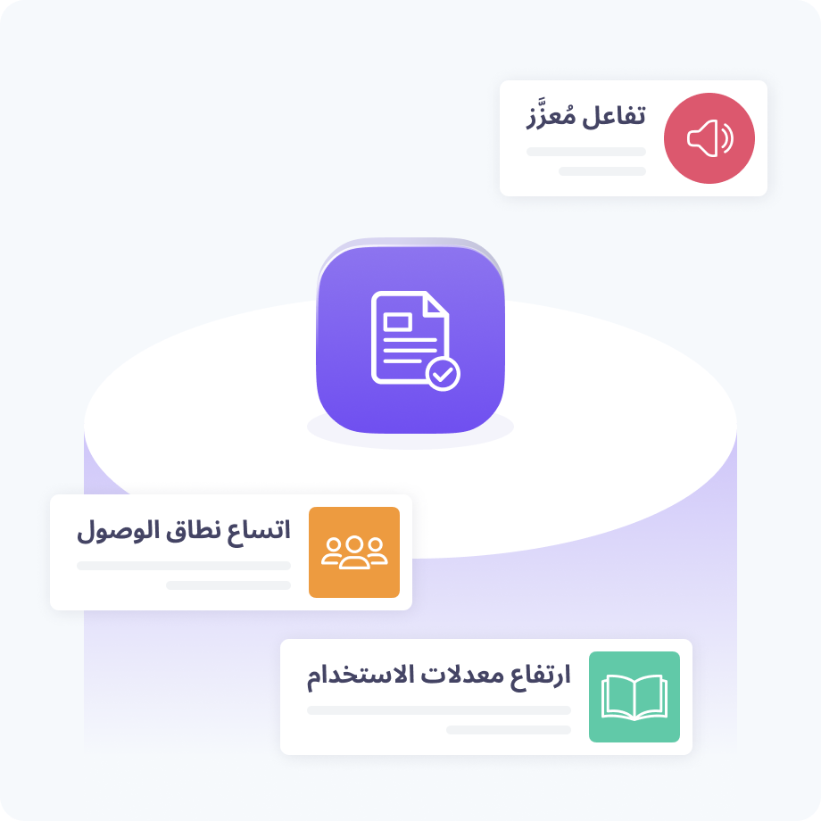 رسم توضيحي يُظهر أيقونة مستند في المركز، تحيط بها ثلاث مزايا رئيسية: تفاعلية (أيقونة مكبر صوت)، واتساع نطاق الوصول (أيقونة الأشخاص)، وزيادة معدلات الاستخدام (أيقونة الكتاب).