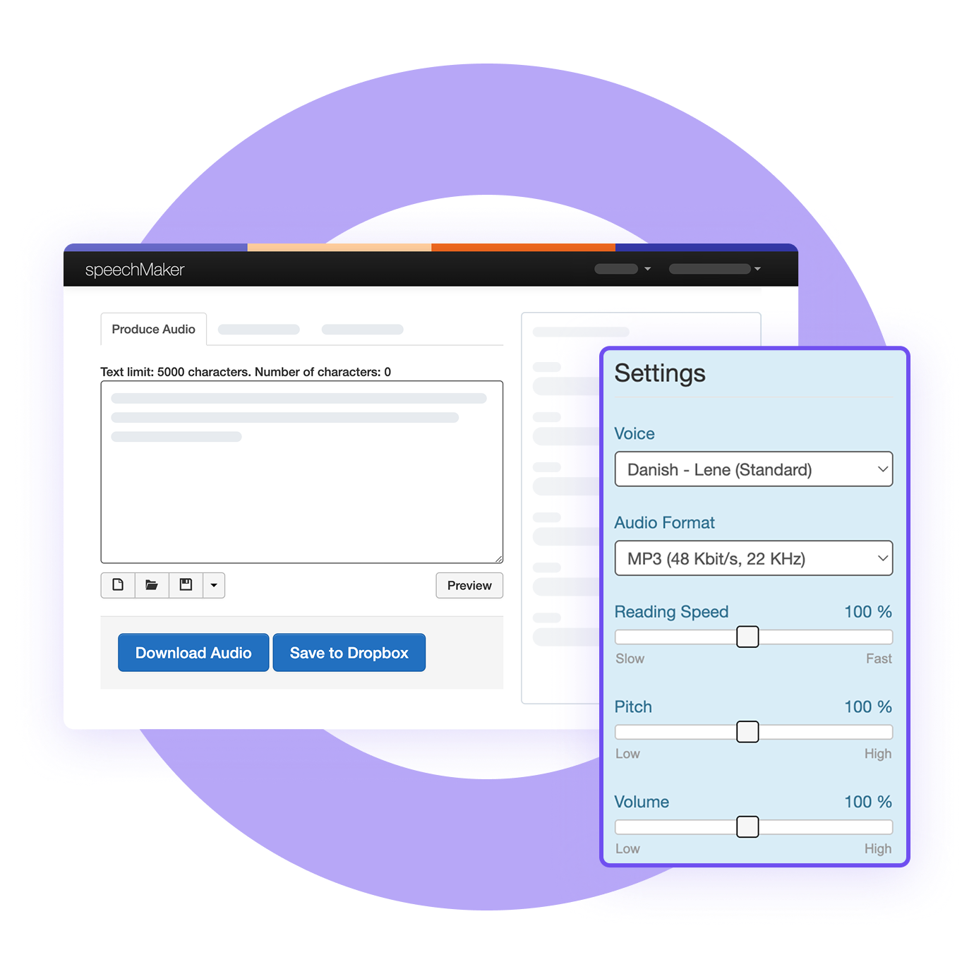 Brugergrænseflade til audio produktion med indstillinger for stemme og lydformat.