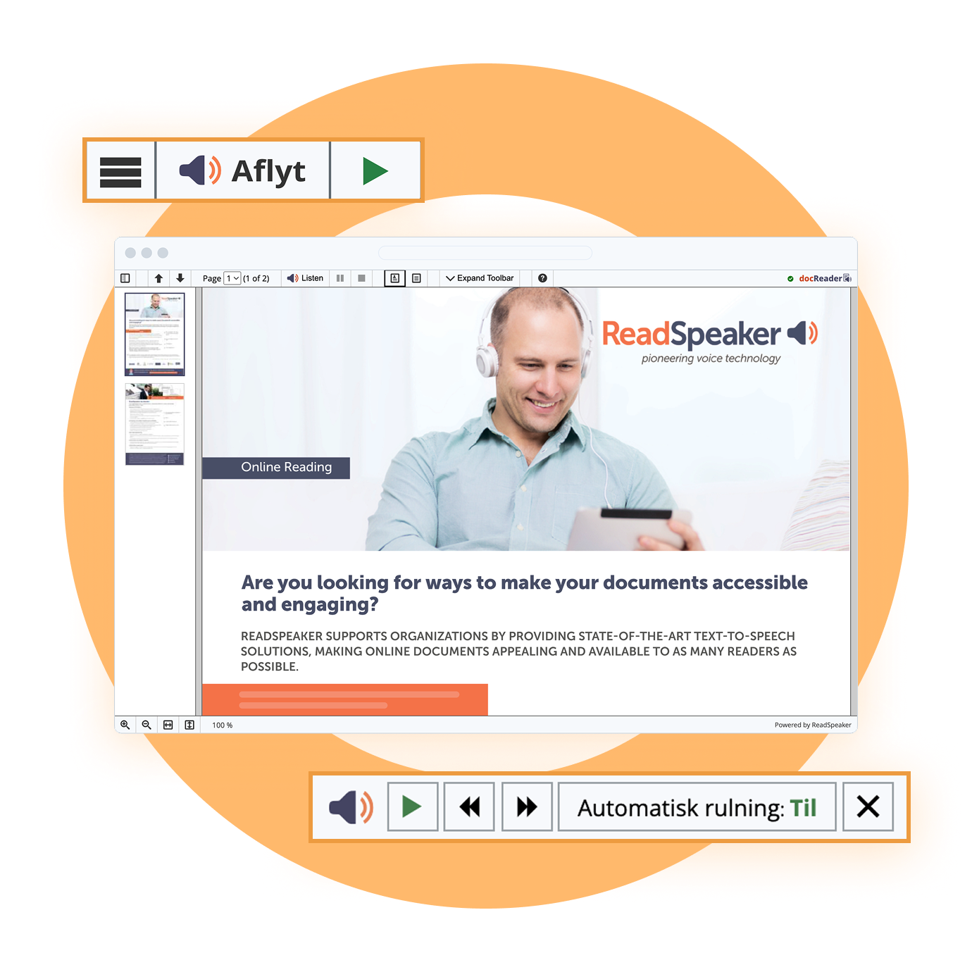 Bruger interagerer med ReadSpeaker til at gøre dokumenter tilgængelige og engagerende.
