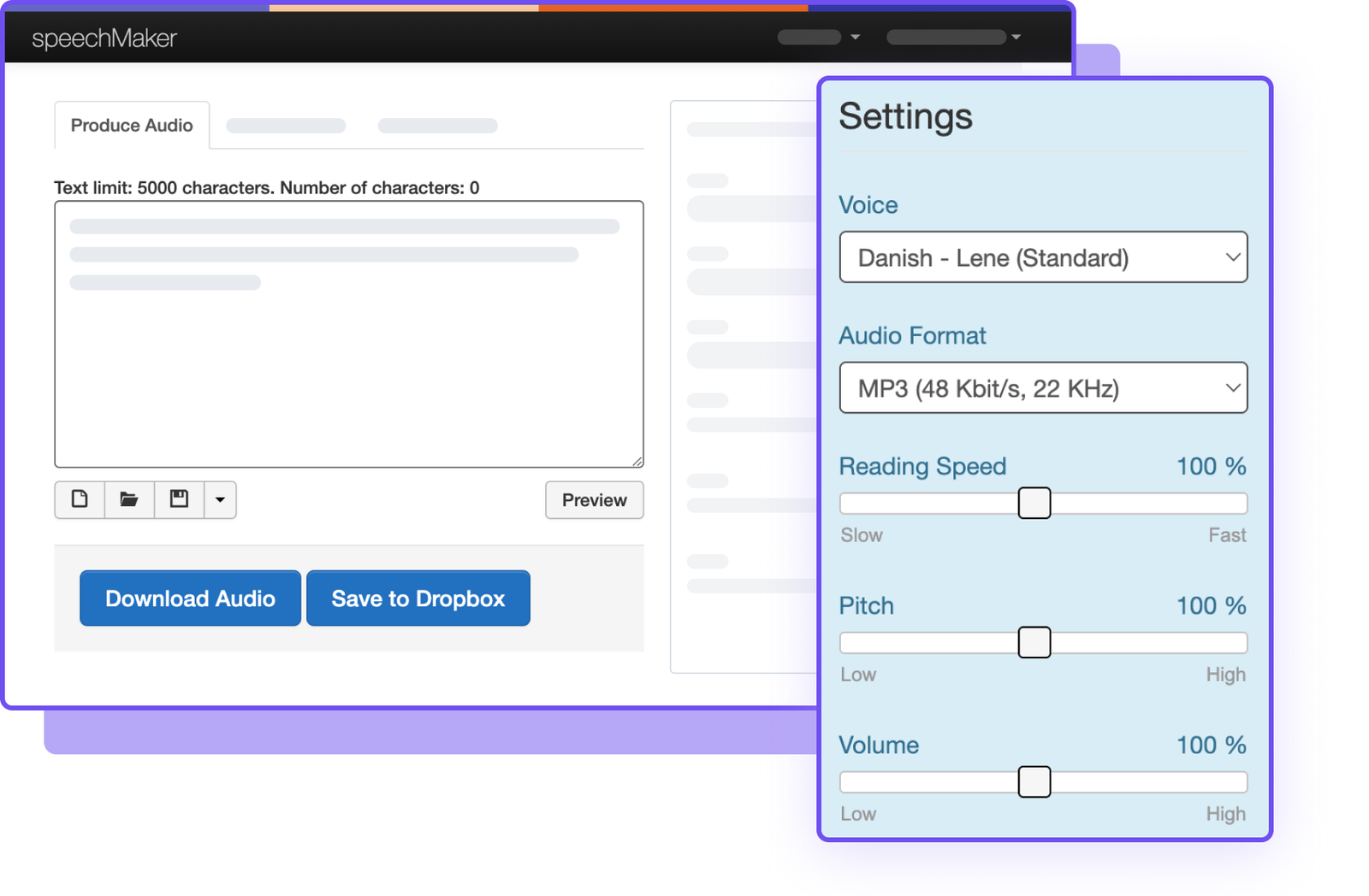 Brugergrænseflade til lydproduktion med indstillinger for stemme og lydformat.