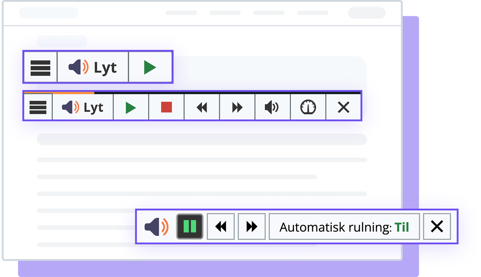 Brugergrænseflade med afspilningsknapper og lydkontroller til automatisk rulning.