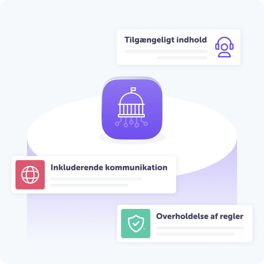 Illustration, der fremhæver træk ved den offentlige servicesektor. Et ikon i midten, der forestiller en regeringsbygning, der er omgivet af tre vigtige fordele: "Tilgængeligt indhold", "Inkluderende kommunikation" og "Overholdelse af regler".