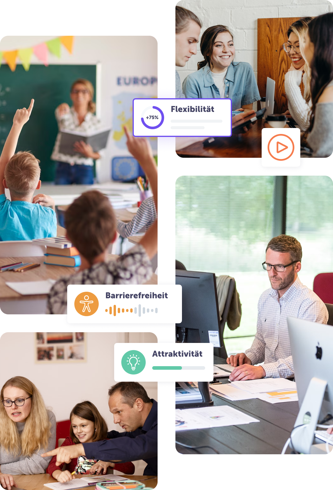 Kollage aus Lernumgebungen mit Fokus auf Flexibilität, Barrierefreiheit und Attraktivität.