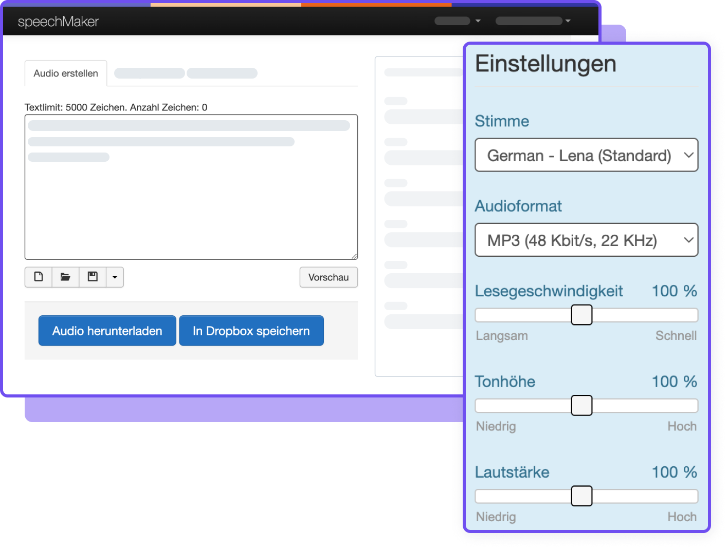 Benutzeroberfläche von speechMaker mit Einstellungen für Sprache, Audioformat und Geschwindigkeit.