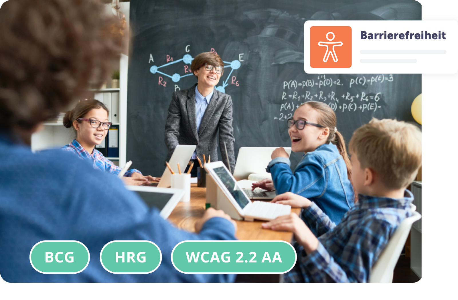 Lehrer erklärt am Whiteboard, während Schüler mit Tablets in Gruppen arbeiten.