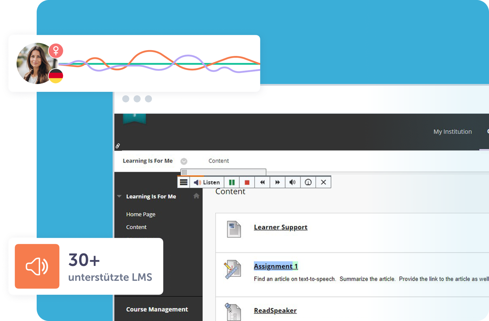Benutzeroberfläche eines LMS mit Audio-Tools und Unterstützungsoptionen für Lernende.