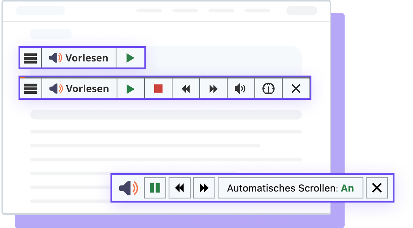 Interaktive Steuerelemente für Vorlesen und automatisches Scrollen auf einer Benutzeroberfläche.