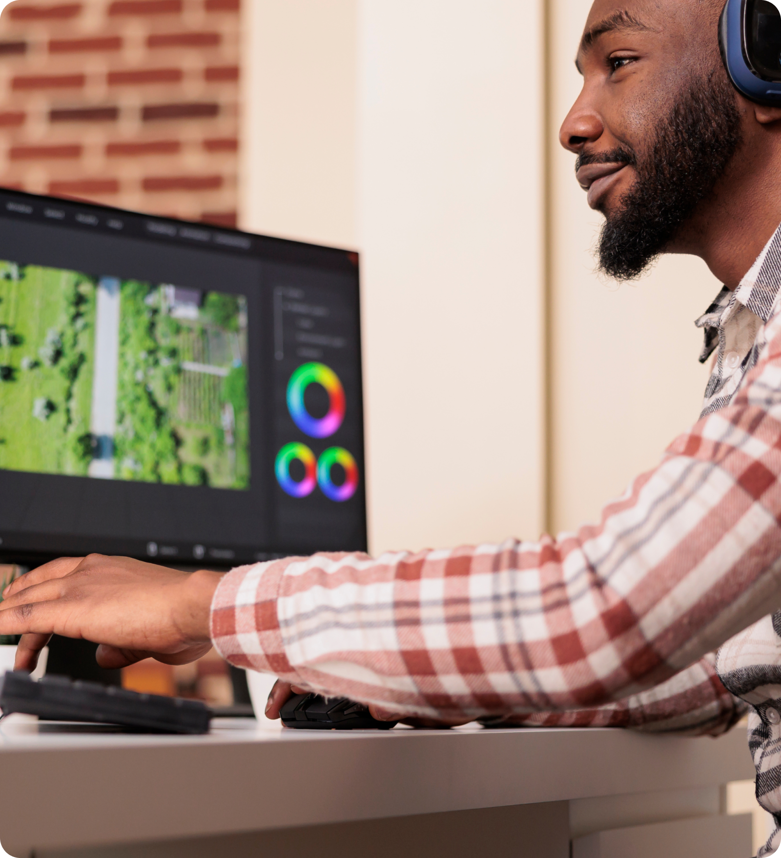 Professional working at a dual monitor setup showcasing productivity features and support options.