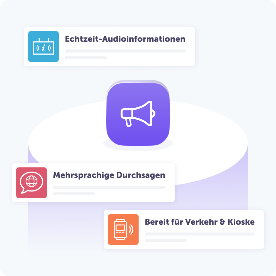 Illustration, die ein zentrales Lautsprechersymbol zeigt, umgeben von drei Vorteilen der ReadSpeaker Text-to-Speech-Technologie für den Verkehrssektor: "Echtzeit-Audioinformationen", mit einem öffentlichen Bildschirm-Symbol, "Mehrsprachige Durchsagen", mit einer Sprechblase und einem globalen Netzwerk-Symbol, und "Bereit für Verkehr & Kioske", mit einem interaktiven Informationskiosk-Symbol.