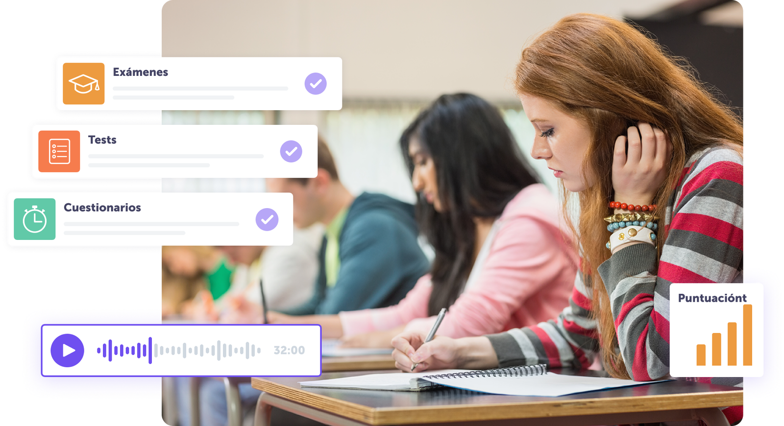 Estudiante tomando un examen con elementos visuales de evaluación y puntuación.