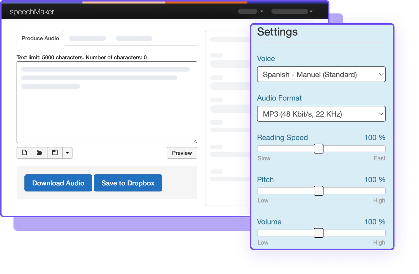Interfaz de usuario de SpeechMaker con opciones de audio y ajustes de voz en español.