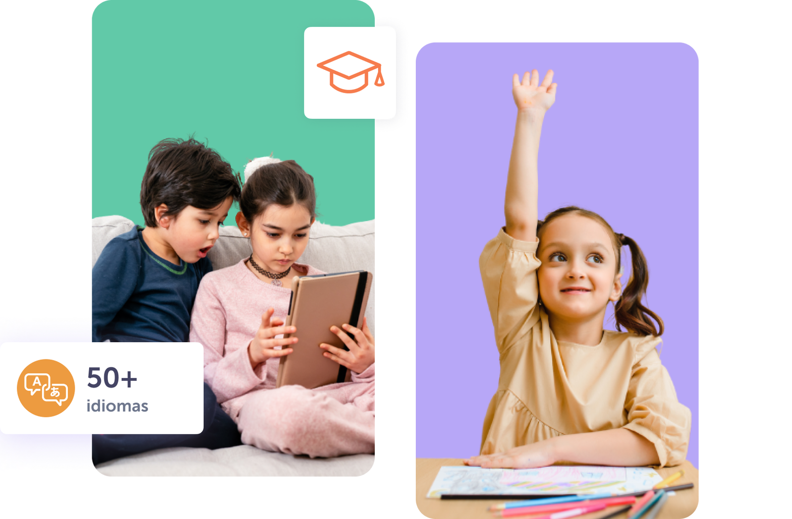 Niños aprendiendo idiomas en tablet, niña levantando la mano en un entorno educativo.