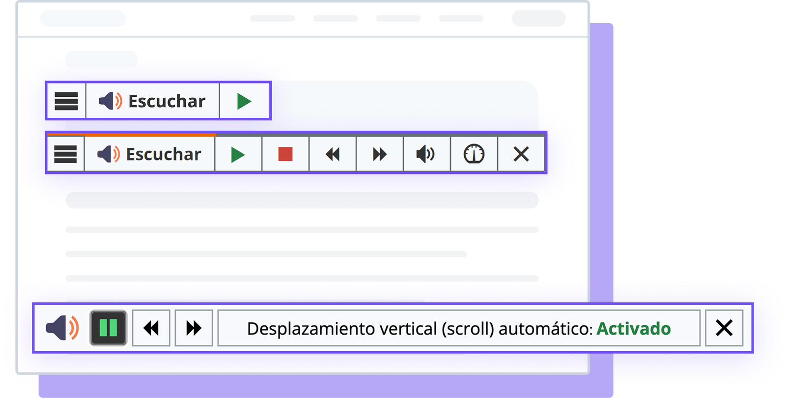 Interfaz de usuario de webReader con opciones de accesibilidad y ajustes de lectura.