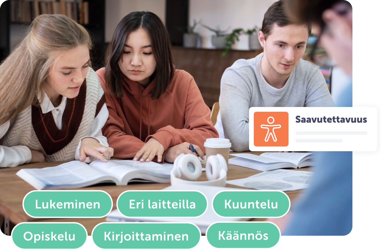 Kolme opiskelijaa lukee ja kirjoittaa yhdessä, ympärillä oppimiseen liittyviä elementtejä.