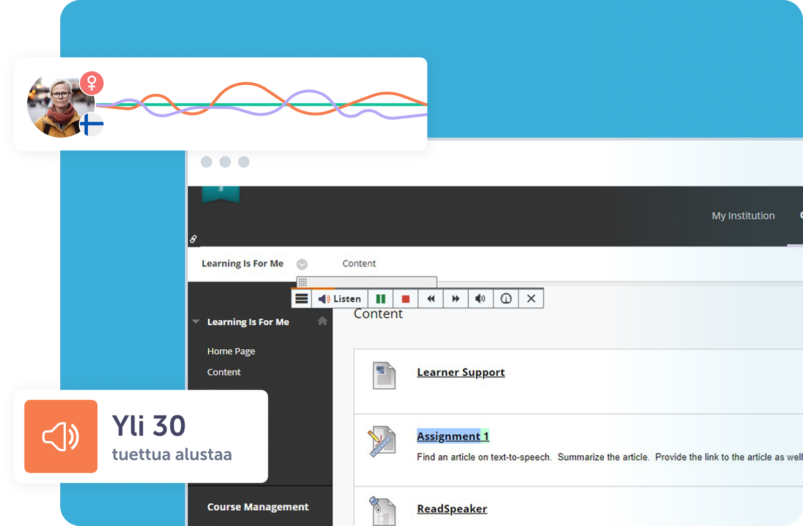 Käyttöliittymäkuva oppimisalustasta, jossa näkyy tuki ja tehtävälista.