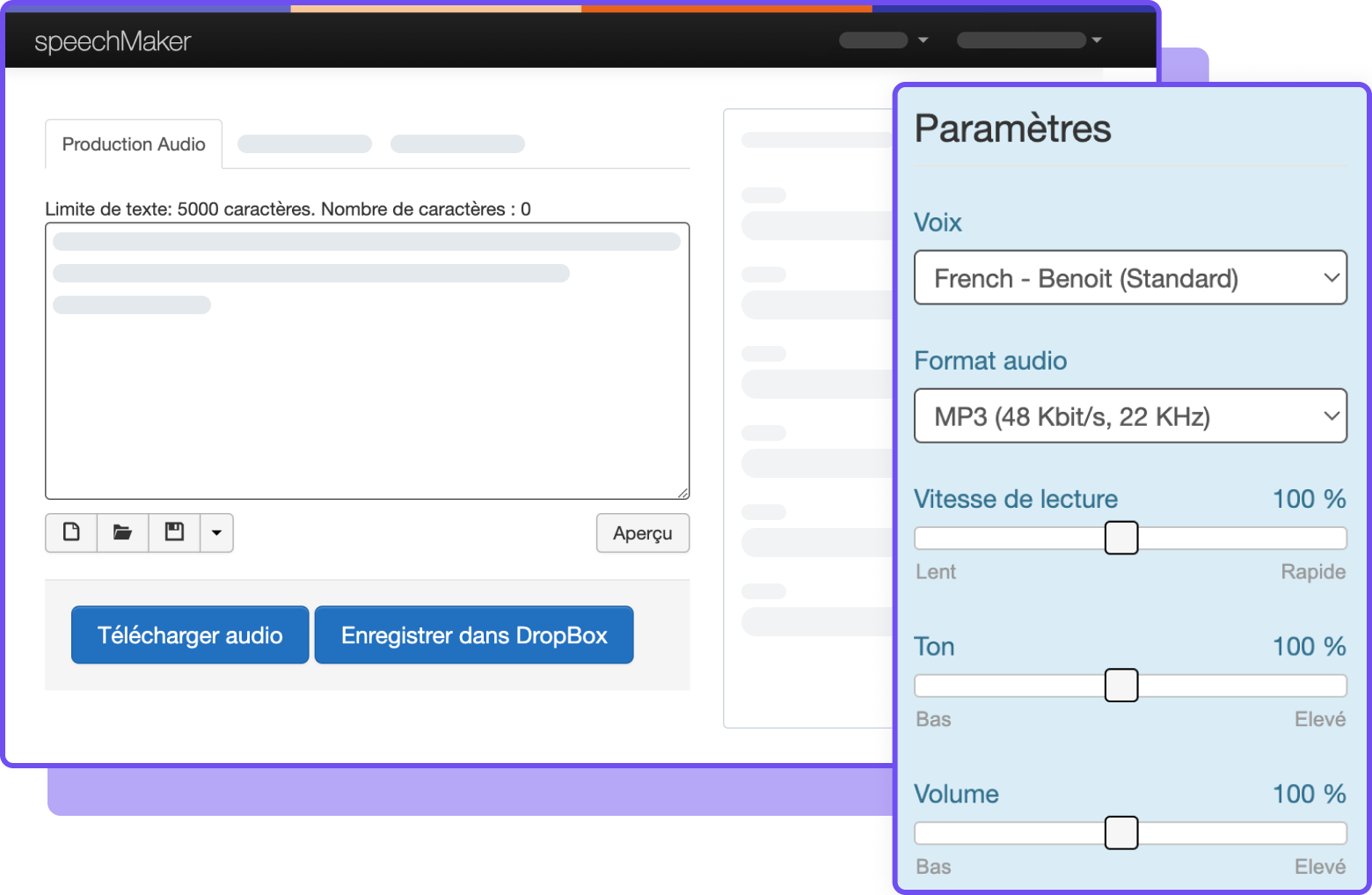 Interface de production audio avec paramètres de voix et options d'enregistrement MP3.