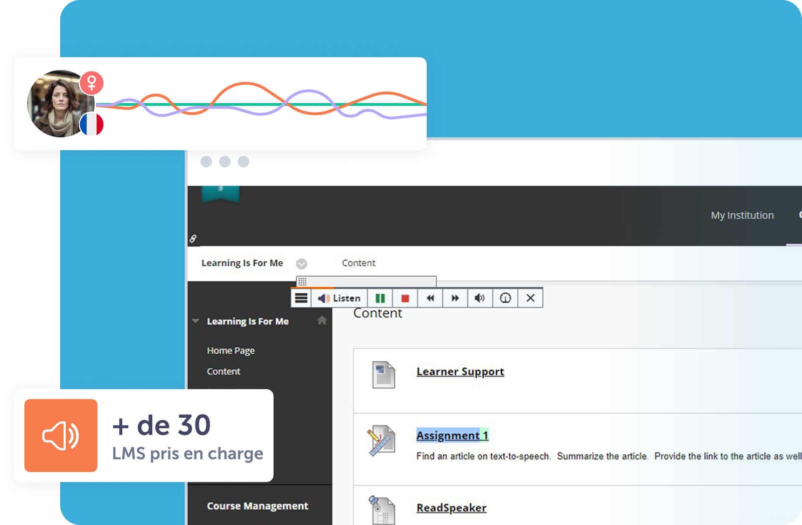 Interface utilisateur d'une plateforme d'apprentissage avec options audio et support visuel.