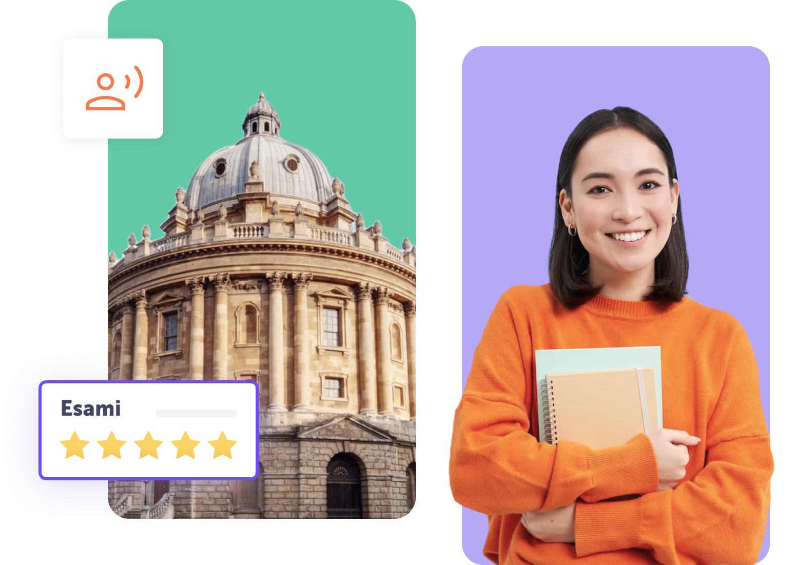 Student sorridente con quaderni davanti a un edificio storico, simbolo di apprendimento.