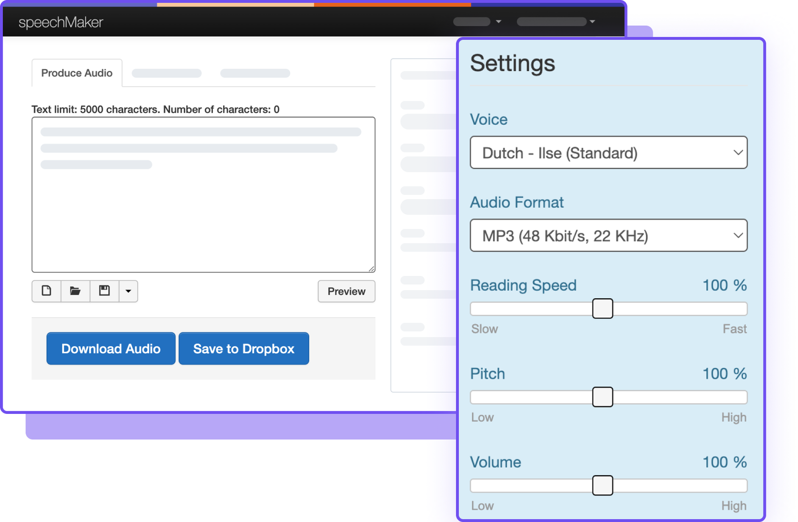 Afbeelding van een audio-instellingenmenu met opties voor stem, formaat en snelheid.