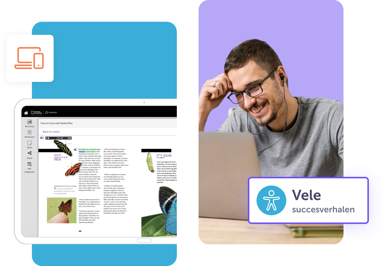 Jongen met een laptop, glimlachend en luisterend naar muziek, met een onderwijsapp op het scherm.