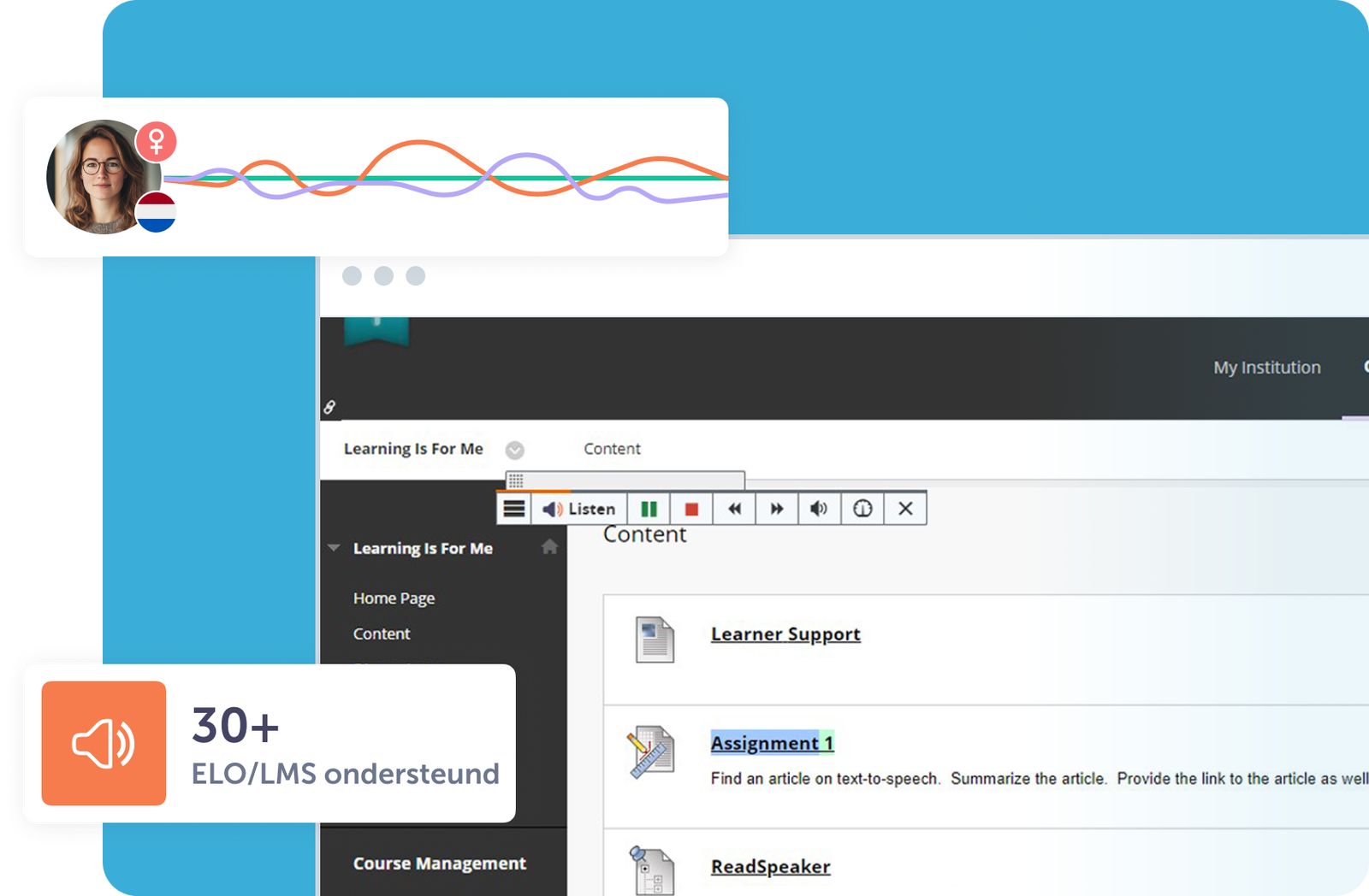 Afbeelding van een leerplatform met spraakfunctie en gebruikersinterface voor ondersteuning.