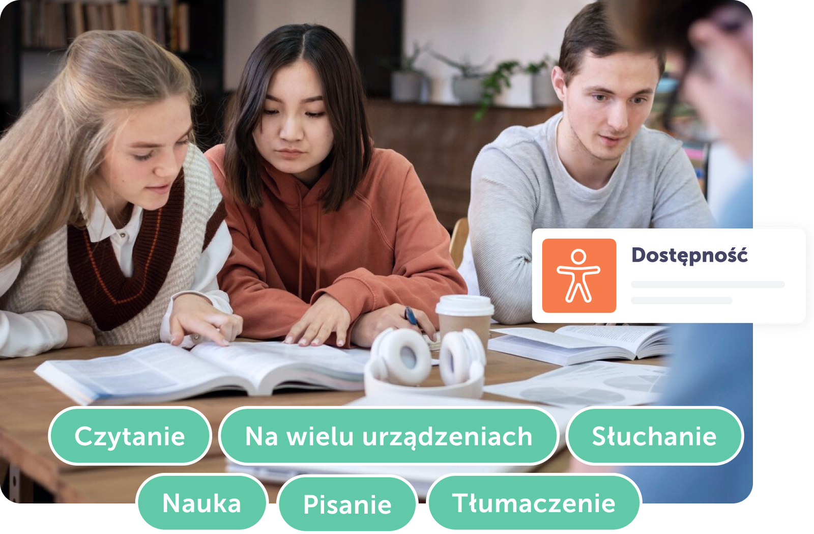 Młodzież ucząca się razem, z książkami i notatkami na stole, symbole dostępności edukacyjnej.
