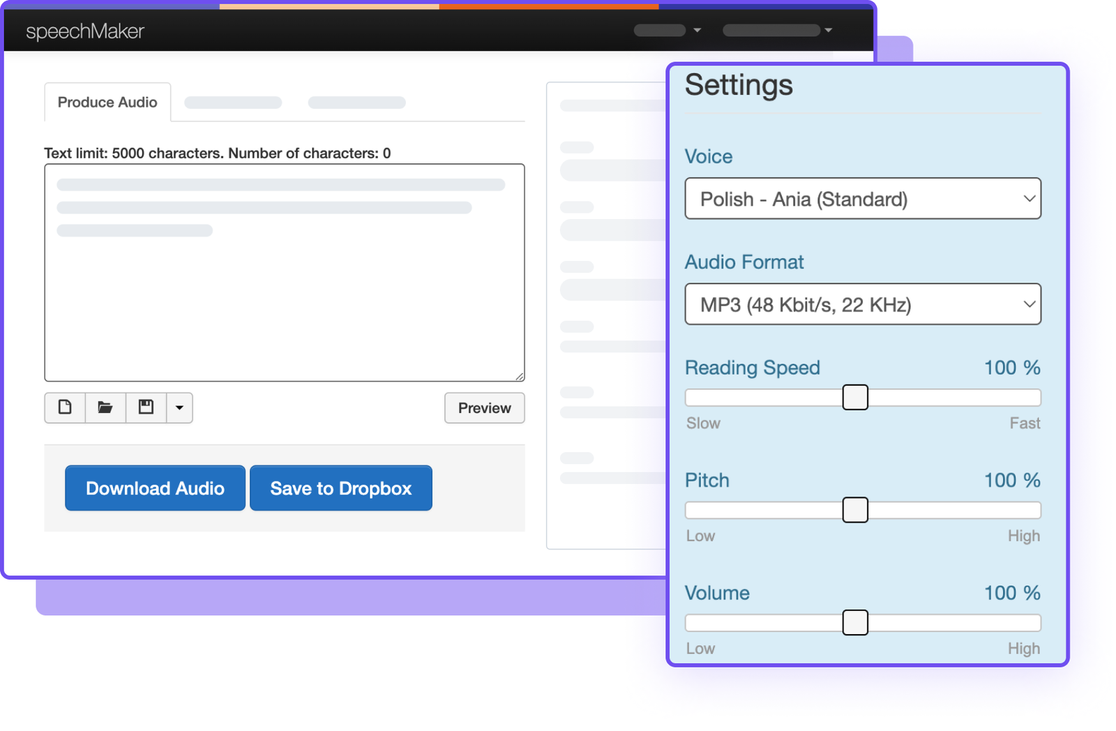 Interfejs aplikacji do generowania audio, pokazujący ustawienia głosu i format pliku.