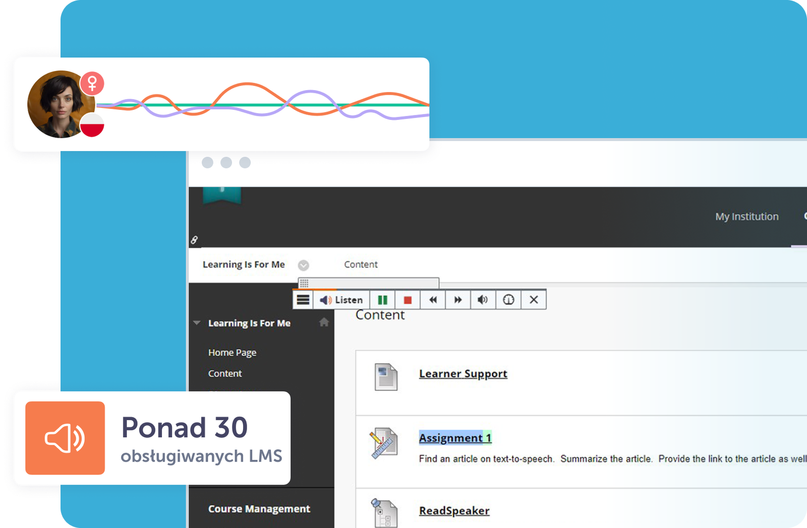 Interfejs platformy edukacyjnej z funkcją text-to-speech i wsparciem dla LMS.