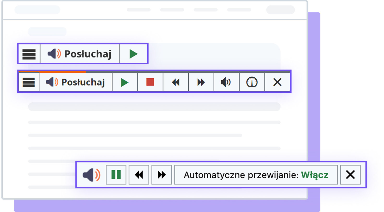 Interfejs odtwarzacza audio z przyciskami i opcją automatycznego przewijania.