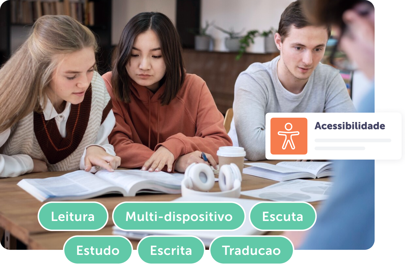 Grupo de estudantes estudando, com foco em leitura e acessibilidade, em ambiente colaborativo.