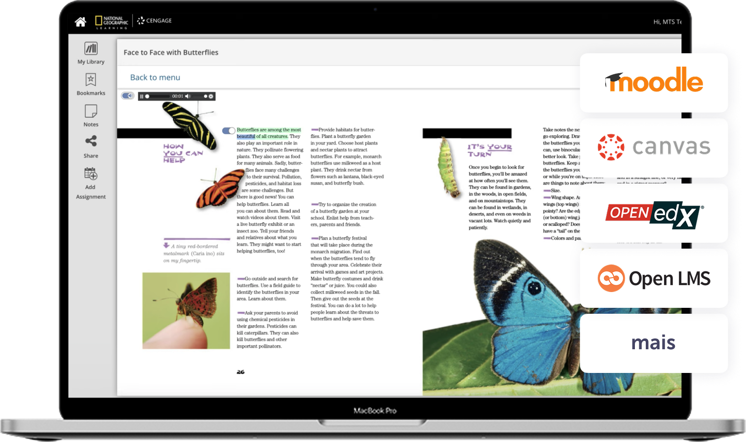 Livro digital sobre borboletas, com imagens e opções de aprendizado interativo em um MacBook.