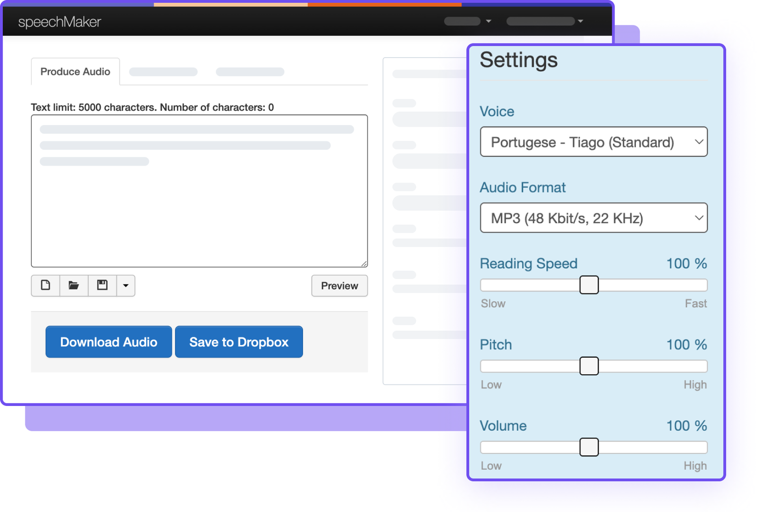 Interface do SpeechMaker mostrando opções de áudio, incluindo voz e configurações de download.