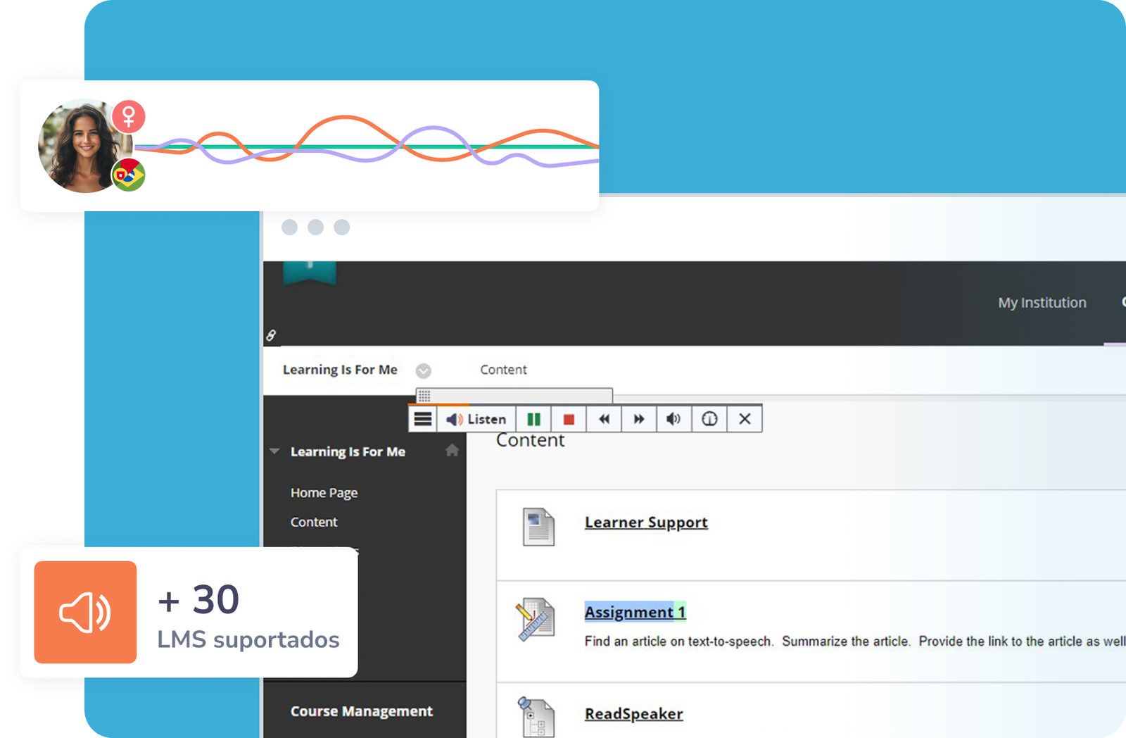 Interface de aprendizado online com recursos de acessibilidade e suporte a LMS.