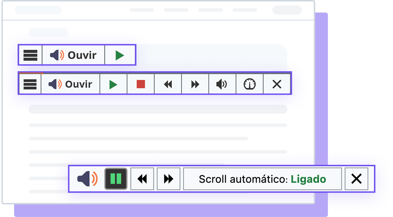 Interface de controle de áudio com botões de reprodução e configuração de rolagem automática.