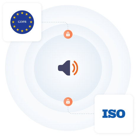 Attēlā redzama skaļruņa ikona, kas savienota ar GDPR un ISO logotipiem, kā arī slēdzeņu simboli, kas uzsver drošu un atbilstošu audio datu apstrādi saskaņā ar šiem standartiem.