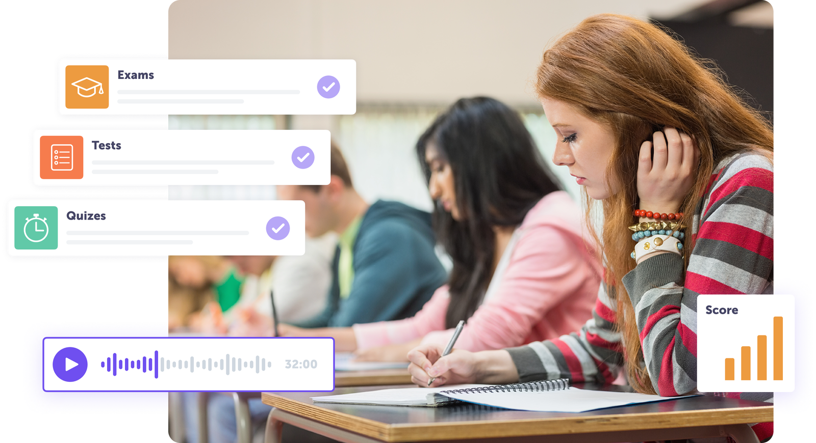 Students taking exams with quiz and test icons displayed on the side of the image.