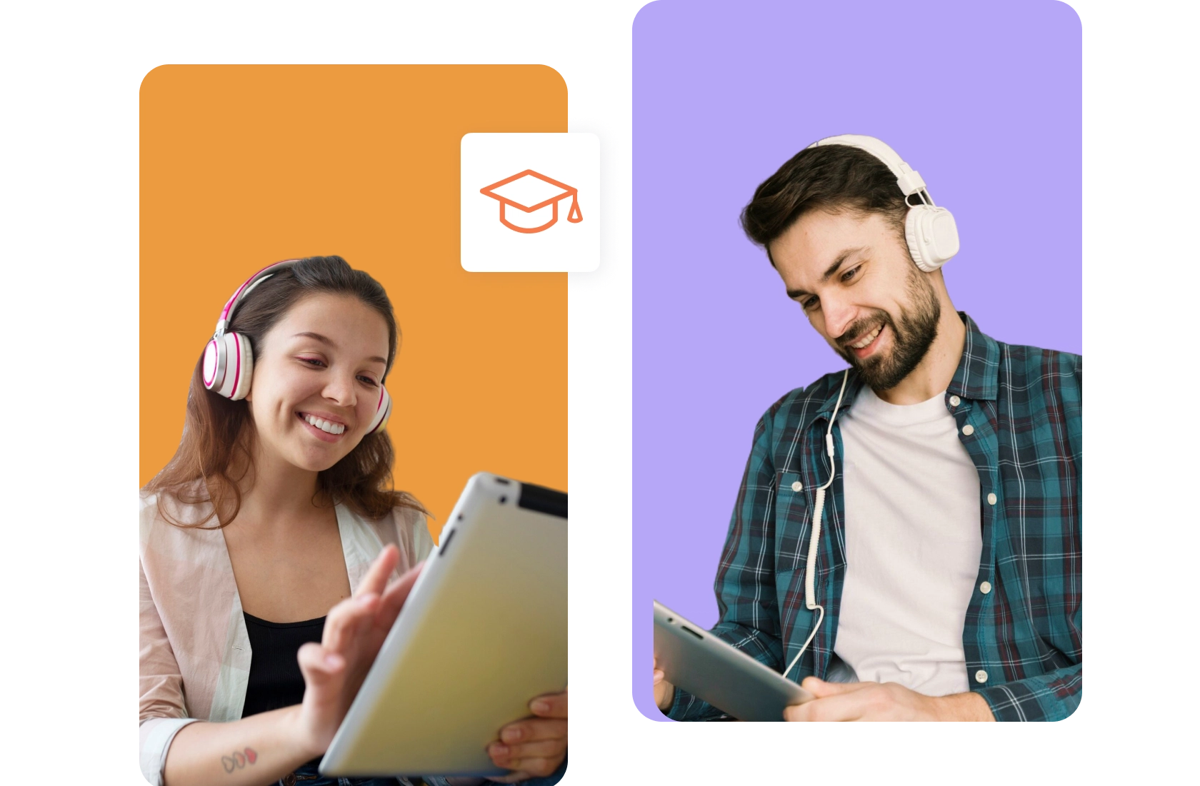 Child and adult using devices with headphones.