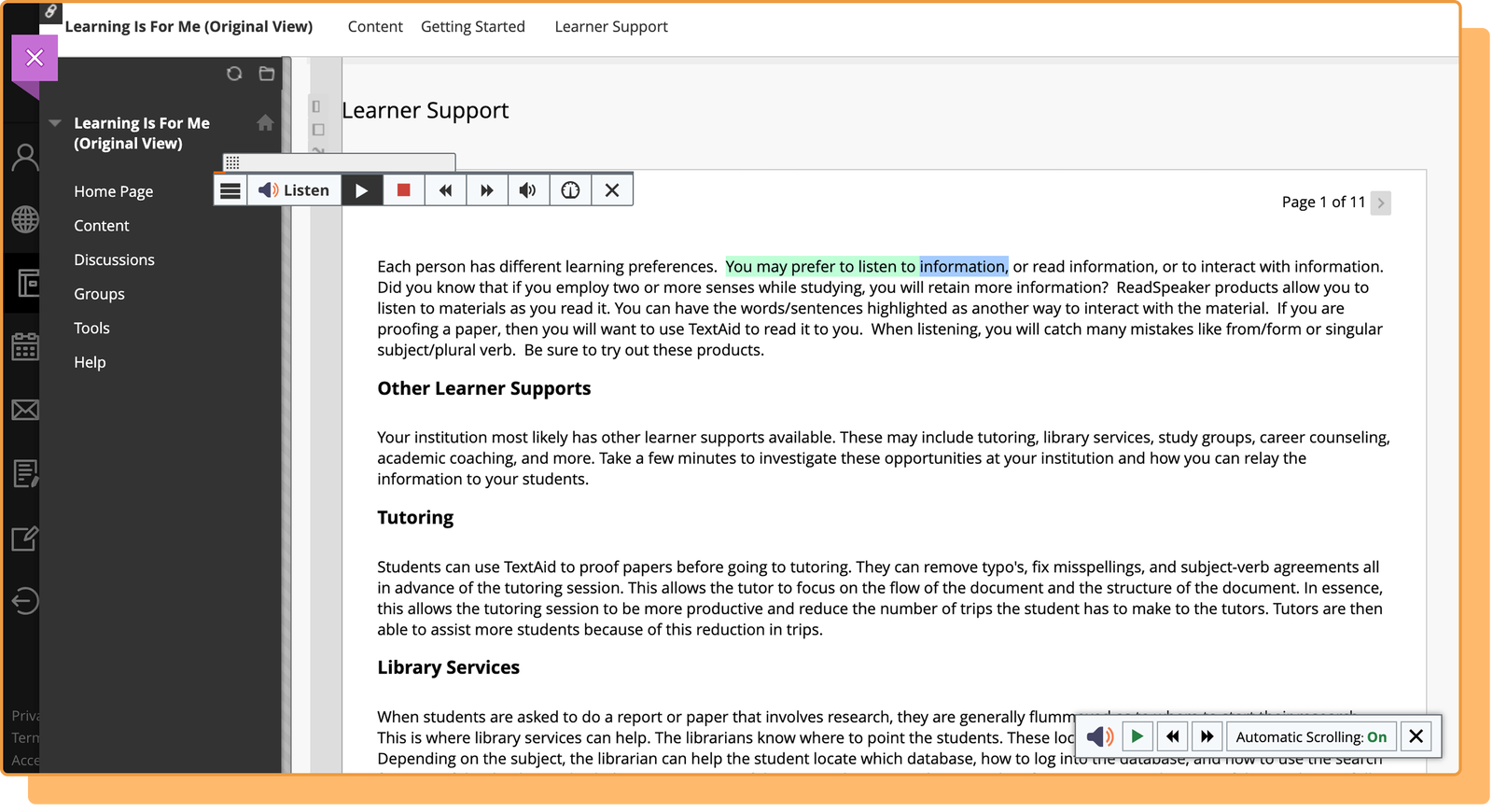 User interface of an educational platform highlighting learner support resources and tools.