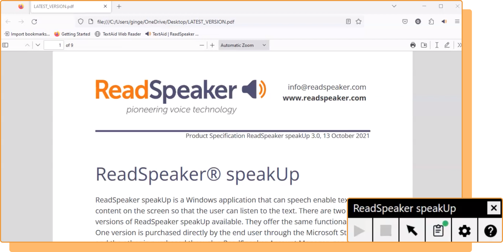 ReadSpeaker speakUp product specification document and application interface overview.