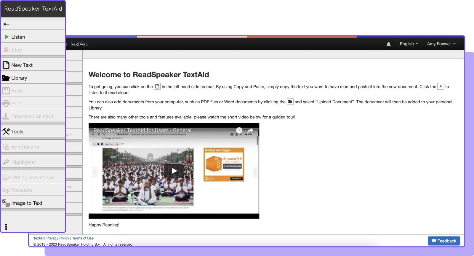 ReadSpeaker TextAid interface showcasing tools and features for document reading assistance.