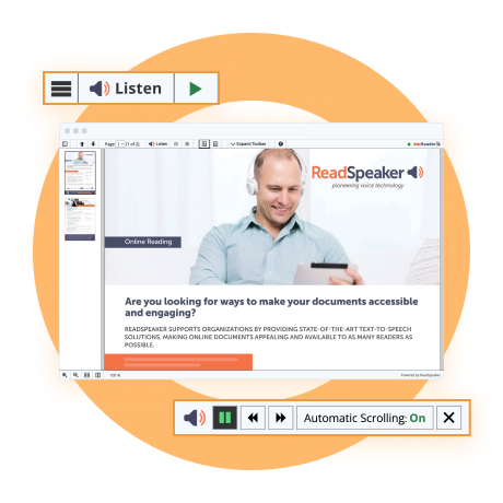 ReadSpeaker interface showcasing online reading and accessibility features with audio controls.