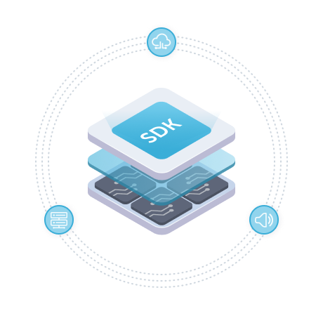 Illustration of an SDK with layers, surrounded by icons representing cloud, data, and audio.