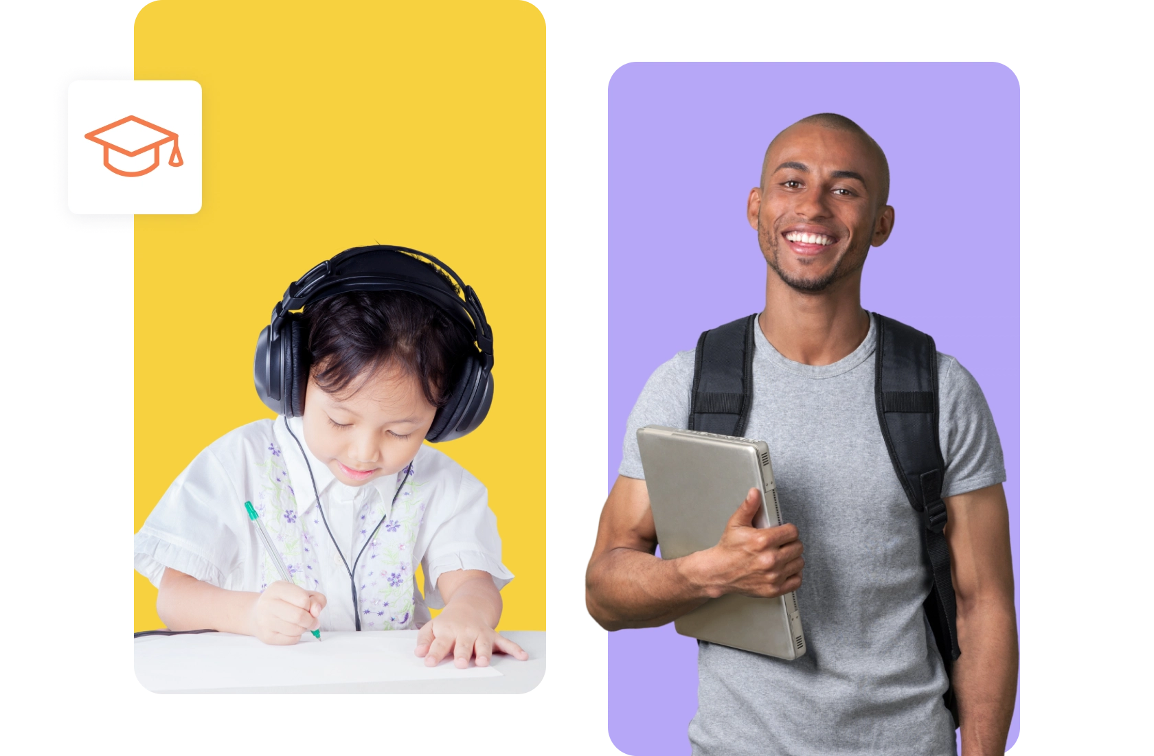 Child studying with headphones alongside a smiling man holding a tablet.