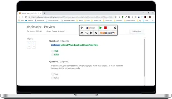 Preview of docReader interface displaying quiz questions and answer options on a laptop screen.