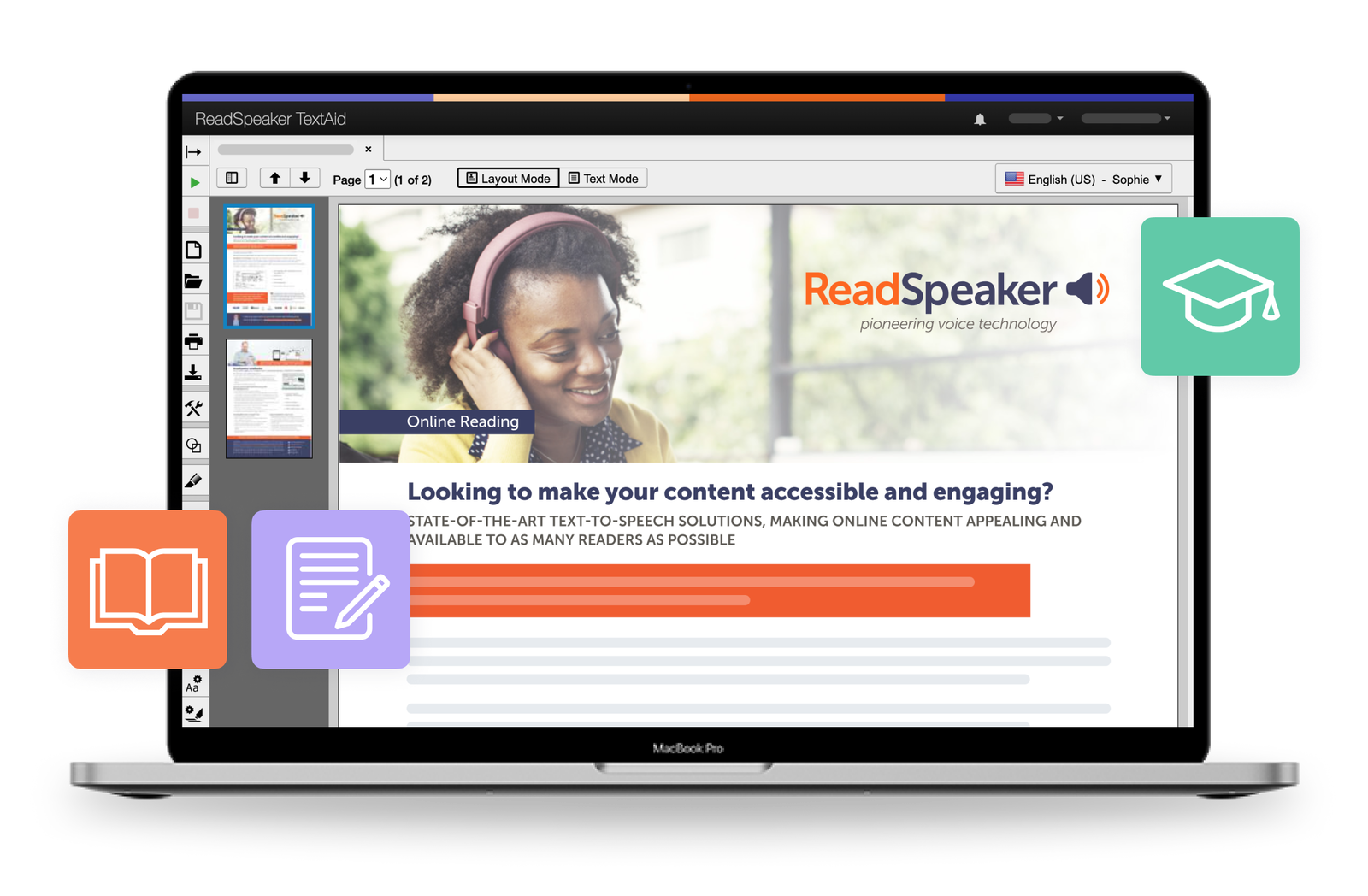 Laptop displaying ReadSpeaker TextAid interface with a user engaging with content.