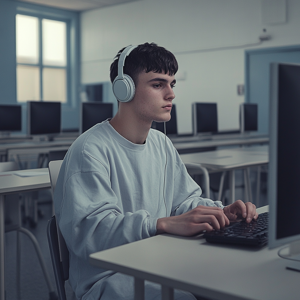 Student studying on the right of the image and on the left, there is a law court building.