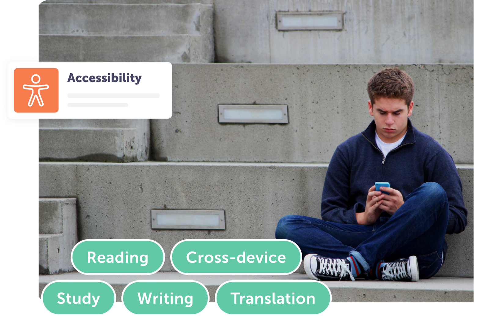 Young man using a smartphone on steps, surrounded by accessibility icons.