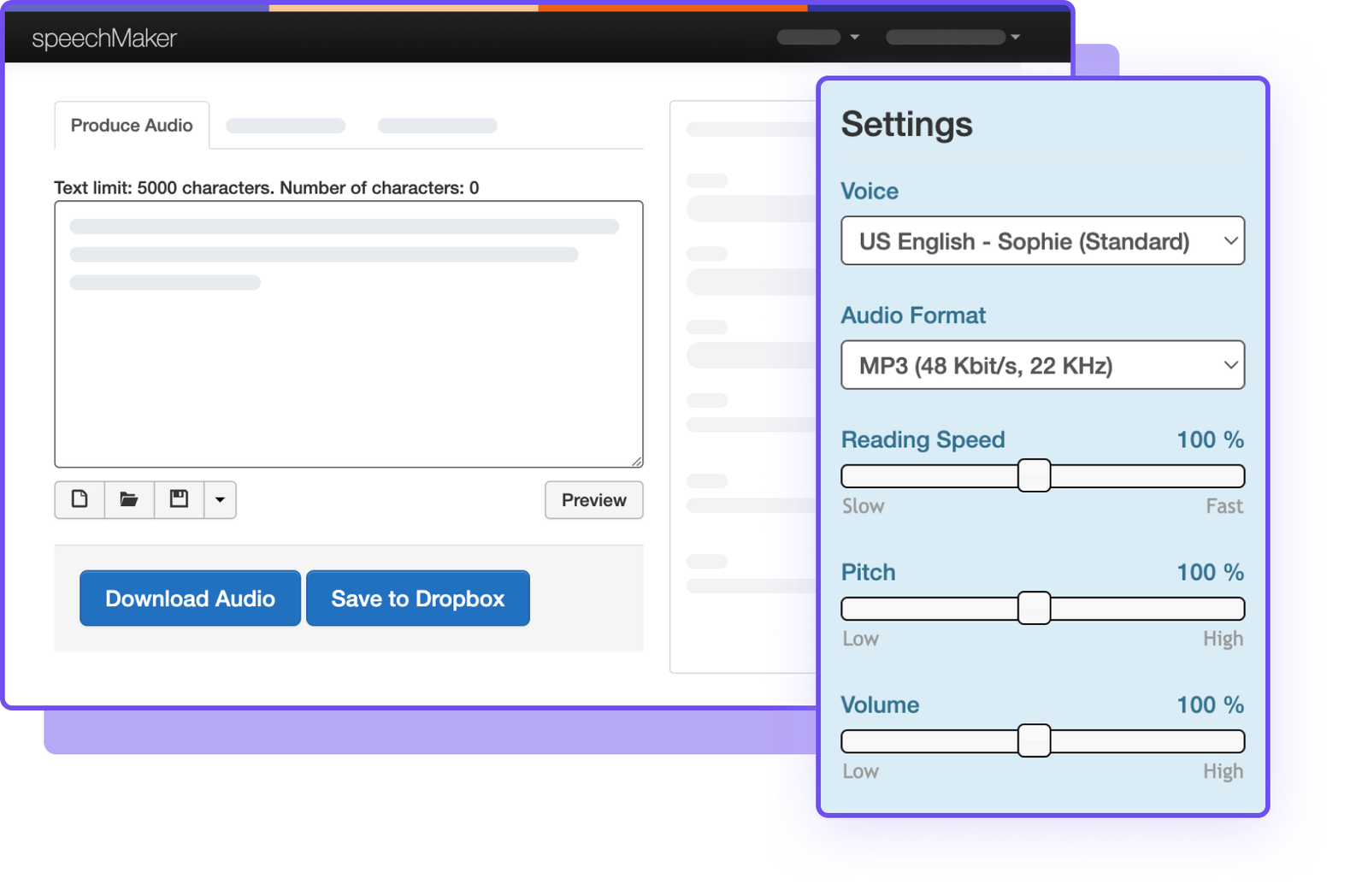 Audio production interface showing settings for voice, format, and playback options.