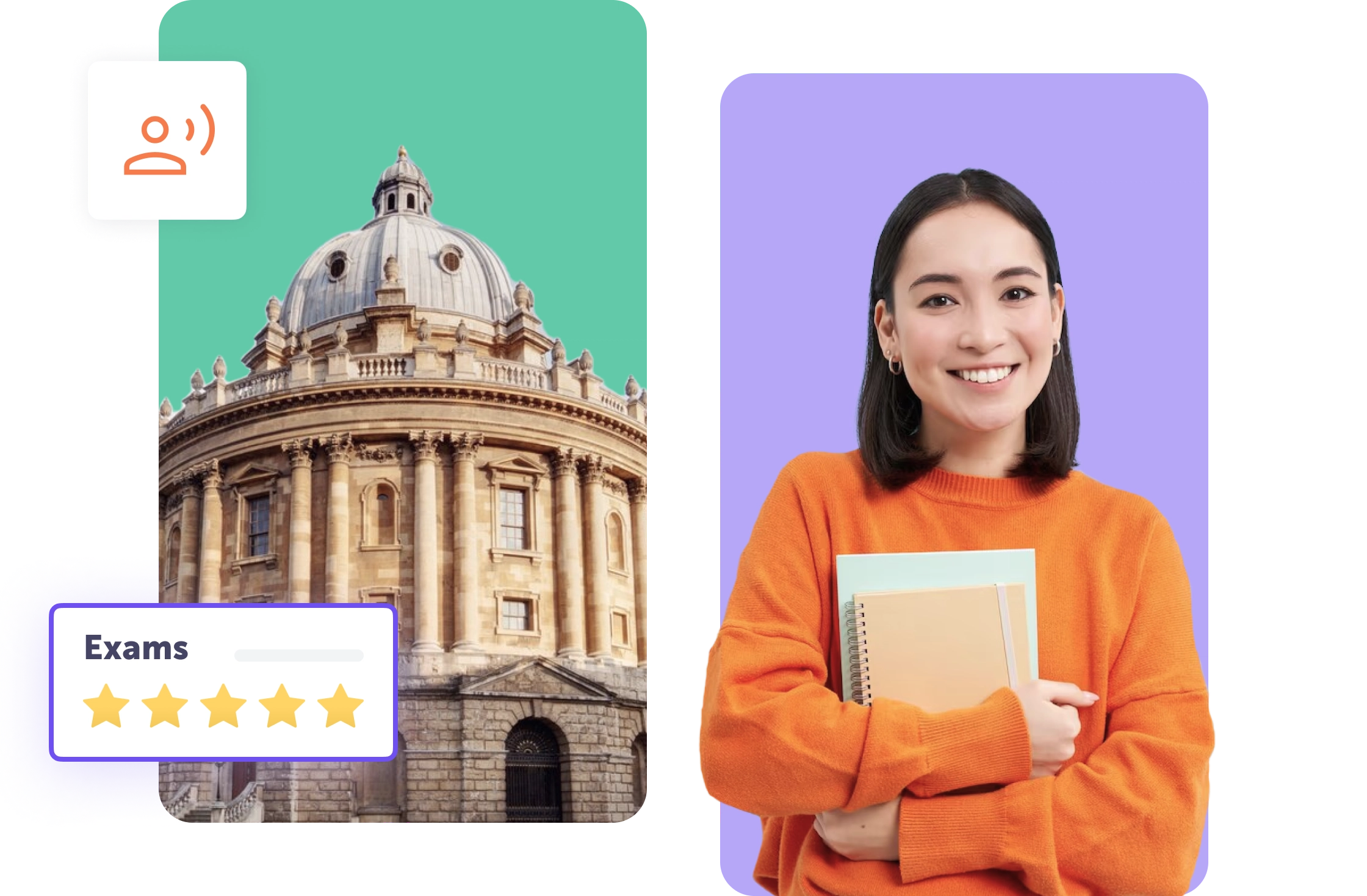 Student smiling with textbooks beside a historical building and exam rating graphic.